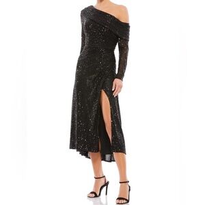 NWOT Mac Duggal one Shoulder Sequin Long Sleeve Midi Dress 26551 Black Sz 6